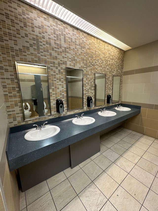 Commercial restroom sinks, mirrors, and countertop